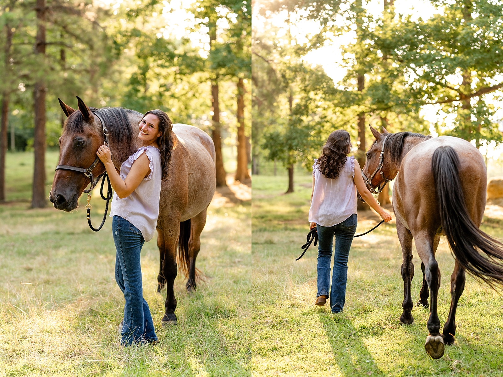 Alabama horse portrait photographer takes photos at sunset of woman with her heart horse. Quarter Horse Gelding.