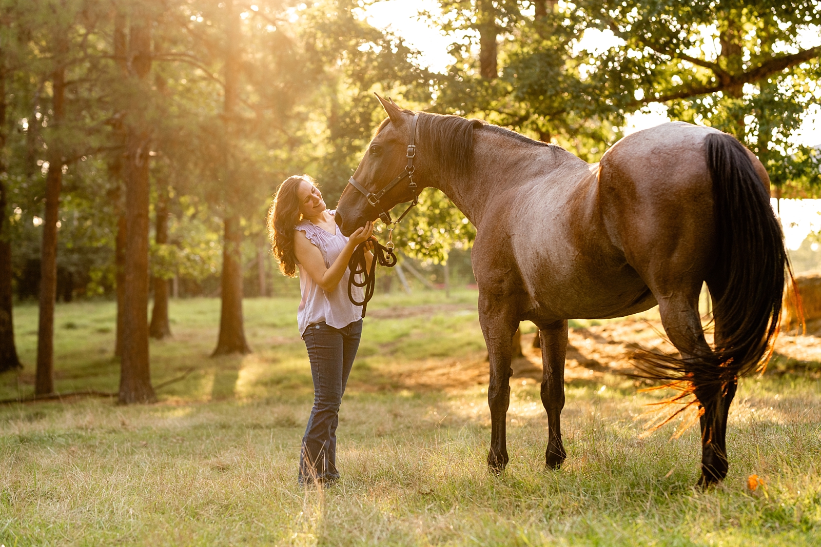 Alabama horse portrait photographer takes photos at sunset of woman with her heart horse. Quarter Horse Gelding.