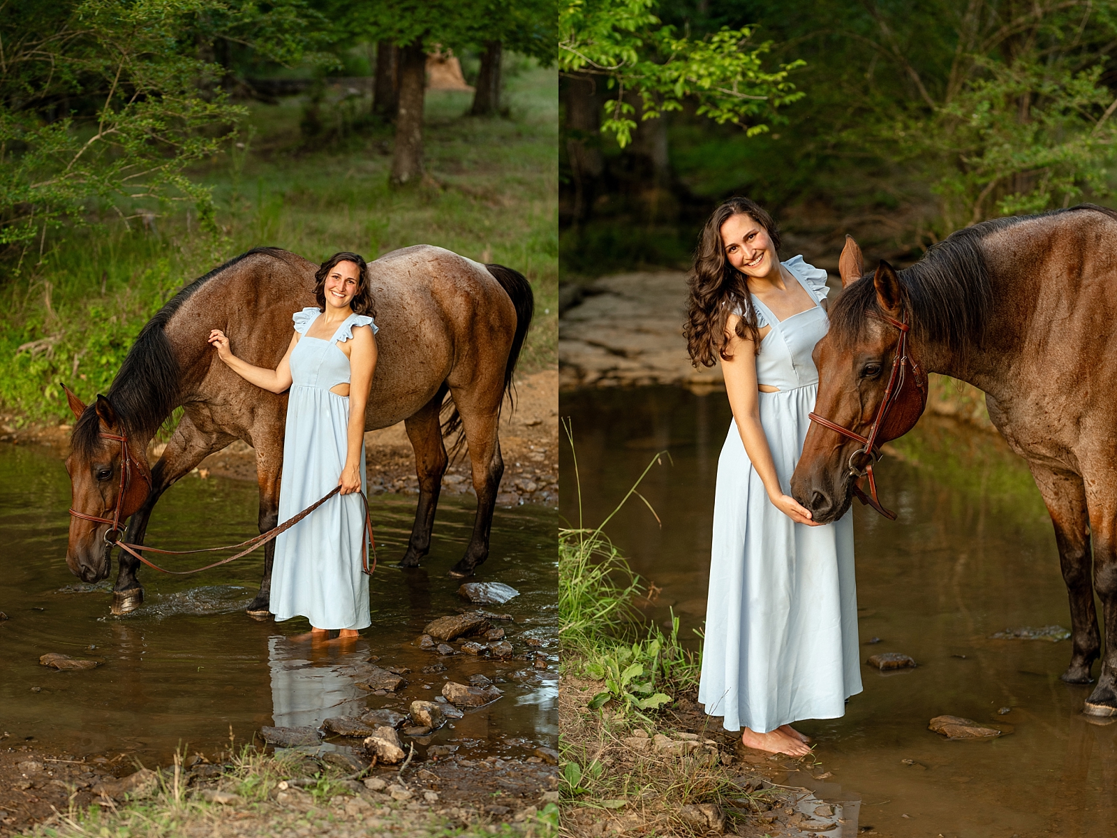 Alabama horse portrait photographer takes photos at sunset of woman with her heart horse. Quarter Horse Gelding.