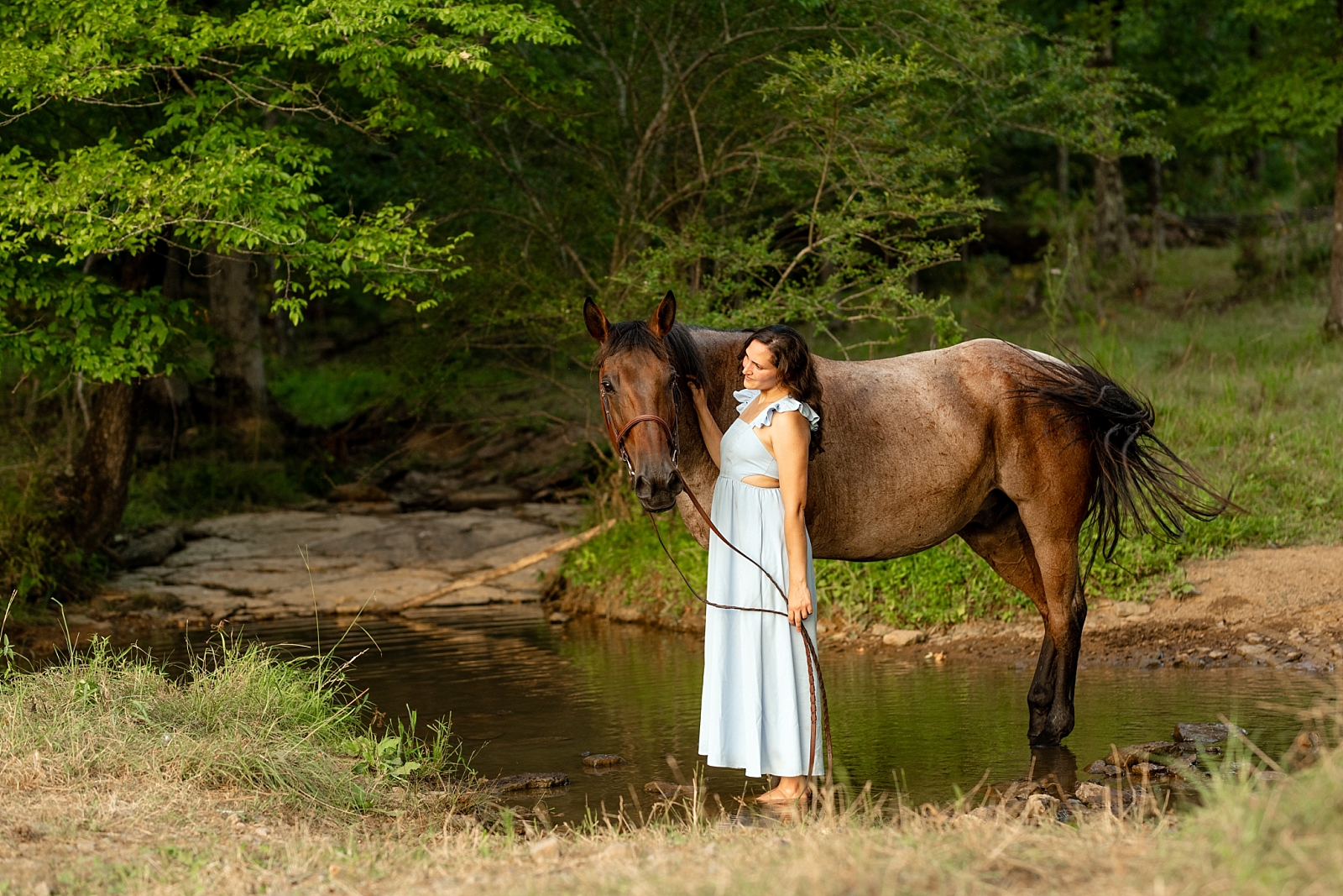 Alabama horse portrait photographer takes photos at sunset of woman with her heart horse. Quarter Horse Gelding.