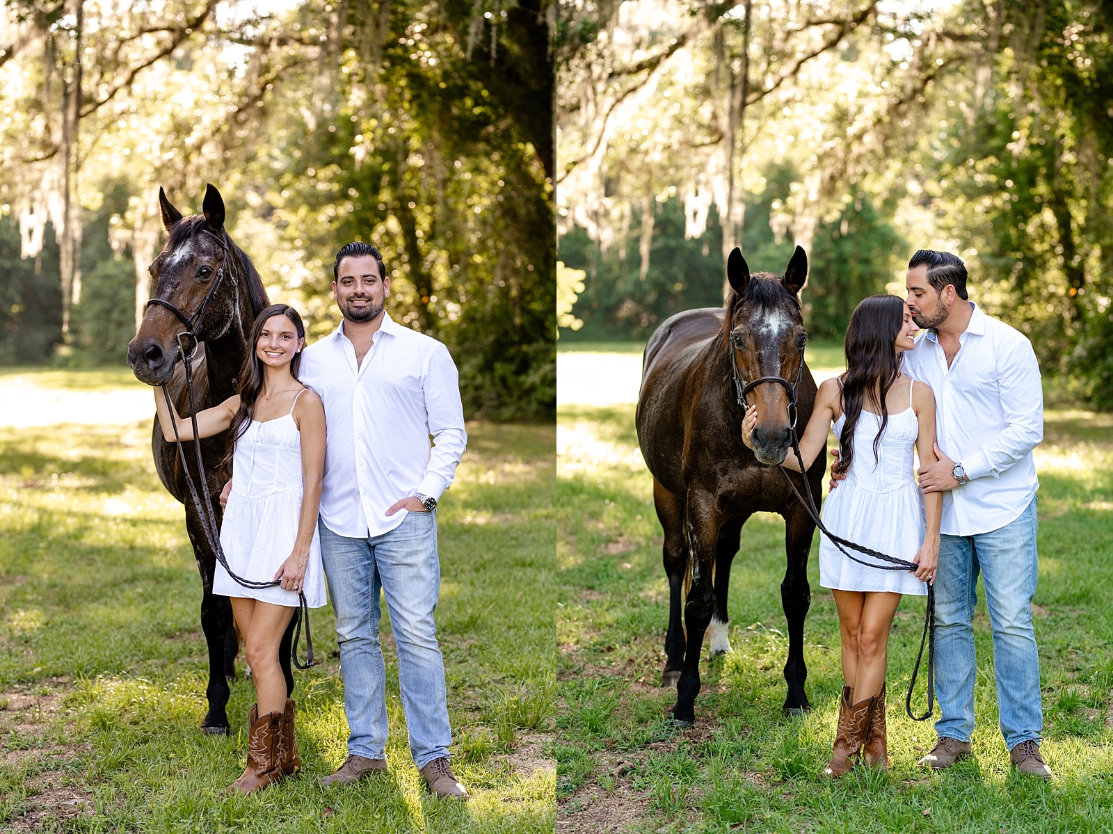 Engagement photos with your horse. North Florida oak trees. Hunter jumper horse. Girl with her horse in white dress.