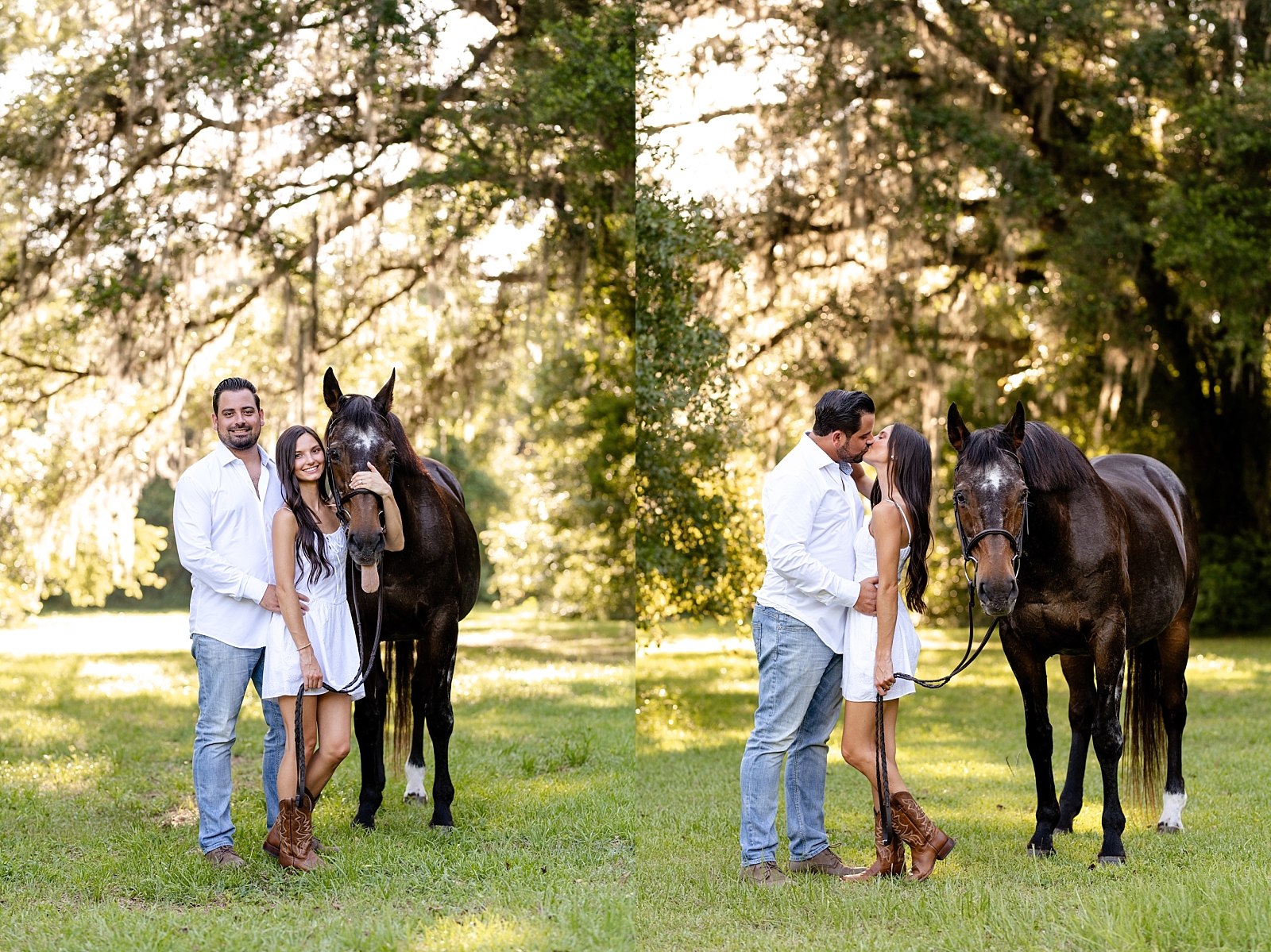 Engagement photos with your horse. North Florida oak trees. Hunter jumper horse. Girl with her horse in white dress.