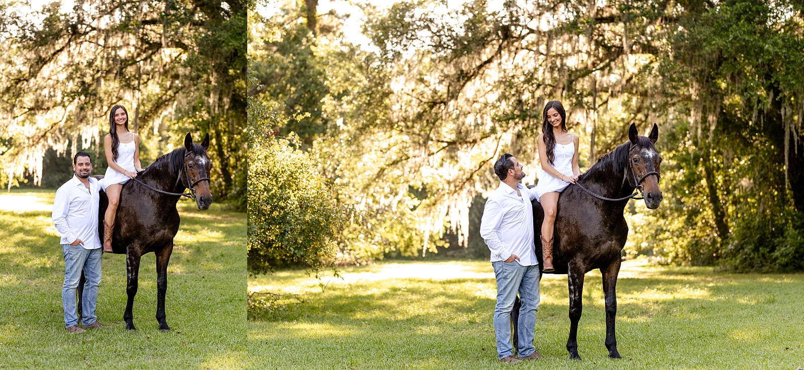 Photos of girl and her horse at Cavallo Farms in Tallahassee, FL. Beautiful oak trees. Posing ideas for girl in white dress with her horse. Engagement photos with your horse.