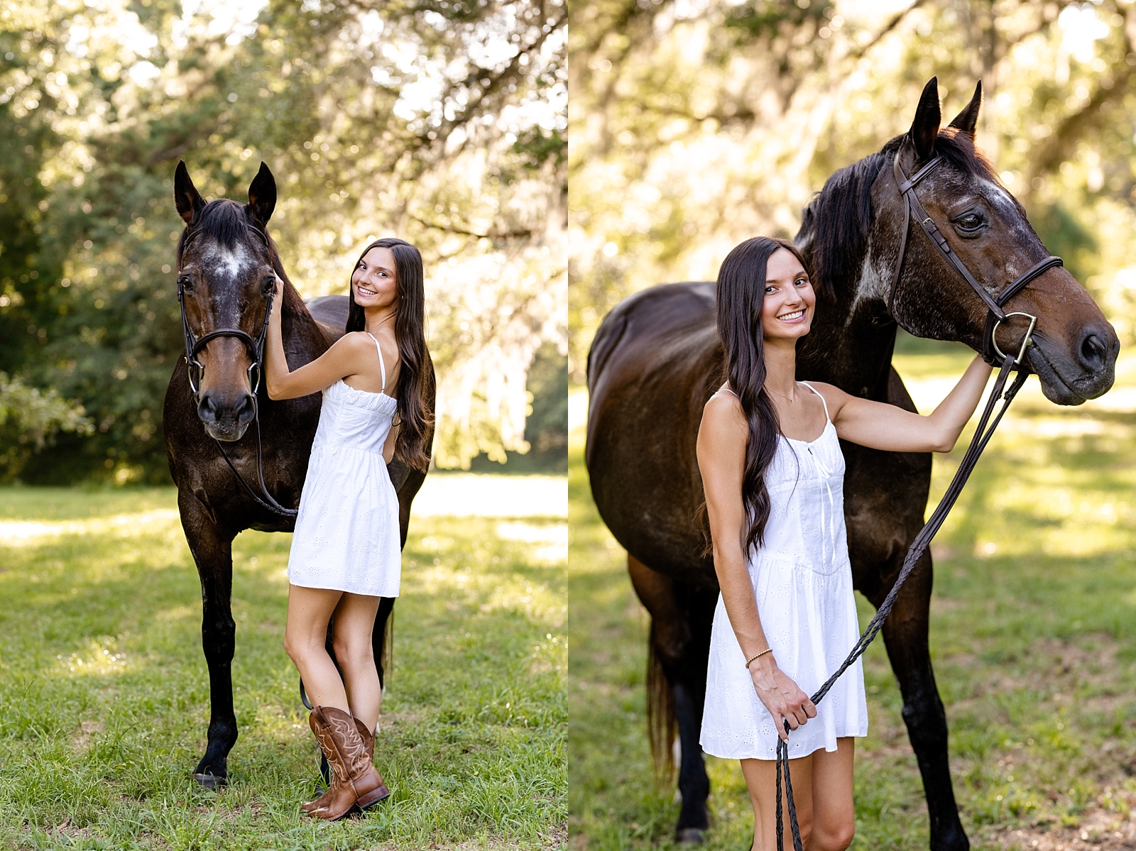 Photos of girl and her horse at Cavallo Farms in Tallahassee, FL. Beautiful oak trees. Posing ideas for girl in white dress with her horse.