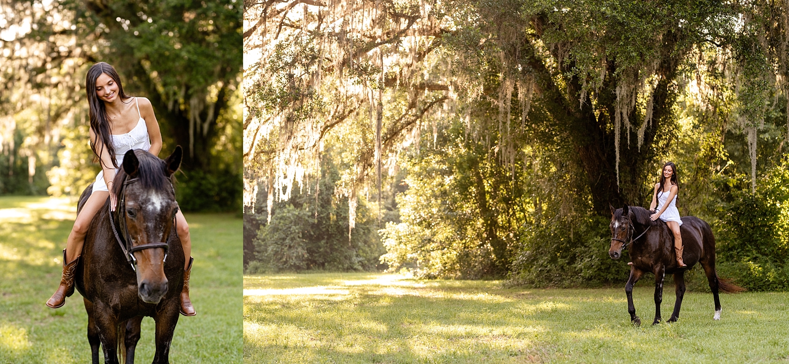 Photos of girl and her horse at Cavallo Farms in Tallahassee, FL. Beautiful oak trees. Posing ideas for girl in white dress with her horse.