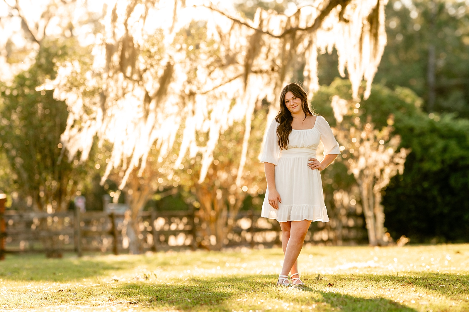 How to create the perfect senior session with horses in North Florida. Girl wearing white dress with golden spanish moss in the background.