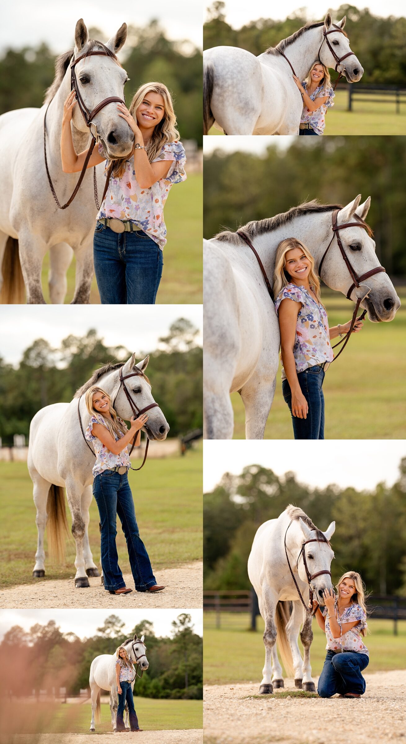 Courtney with her grey warmblood gelding, Playboy, during an equine portrait session in Pensacola, Florida.