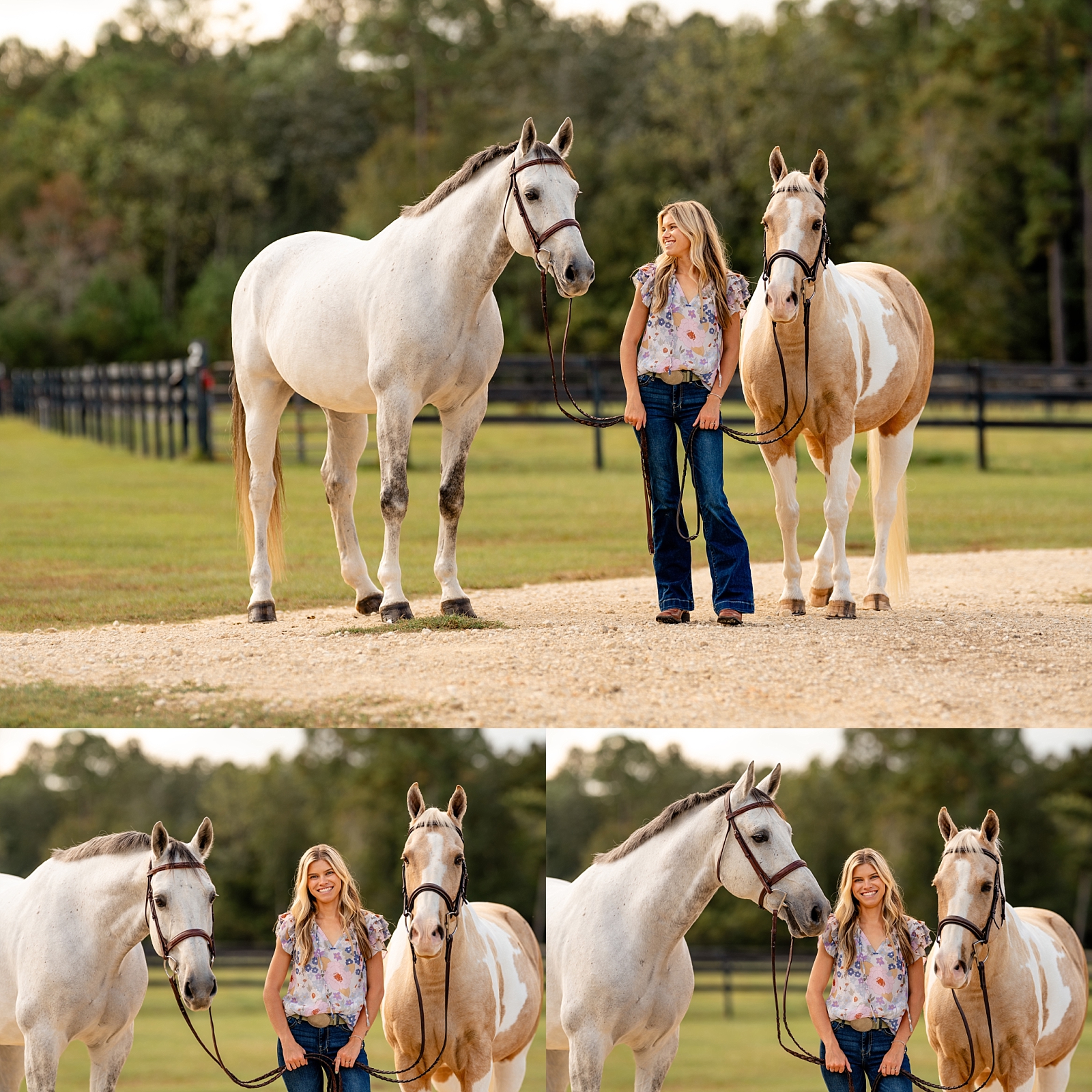 Equestrian portrait of Courtney with her grey warmblood and palomino paint pony during a sunset session in Pensacola, Florida.