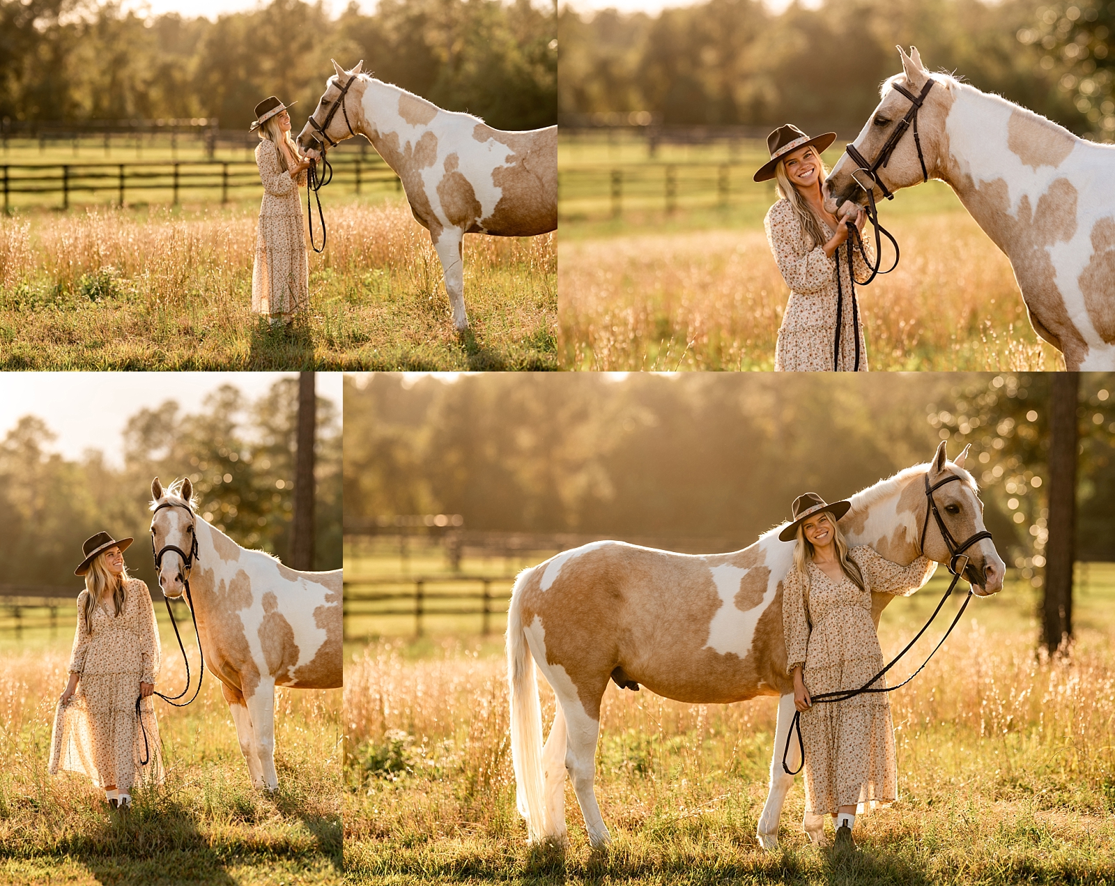 Courtney with her palomino paint pony, Link, captured during a golden hour horse photography session in Pensacola.