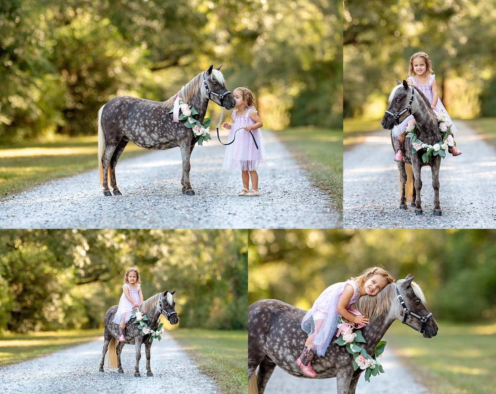 Young girl riding her pony Minnie during a children’s equine photo session in Fairhope, AL.