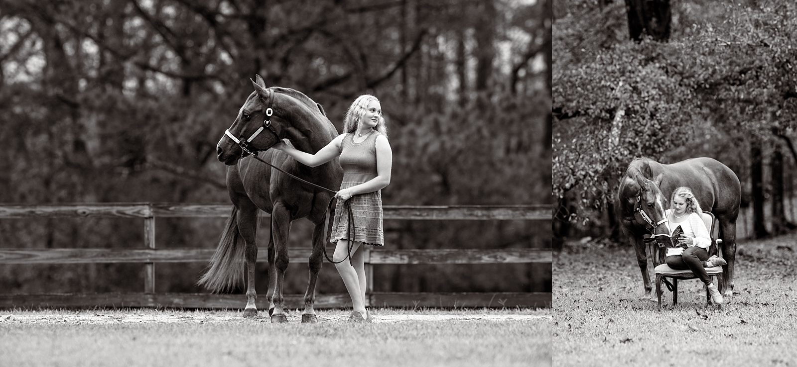 Senior girl reading with her horse, Penny, during a portrait session.