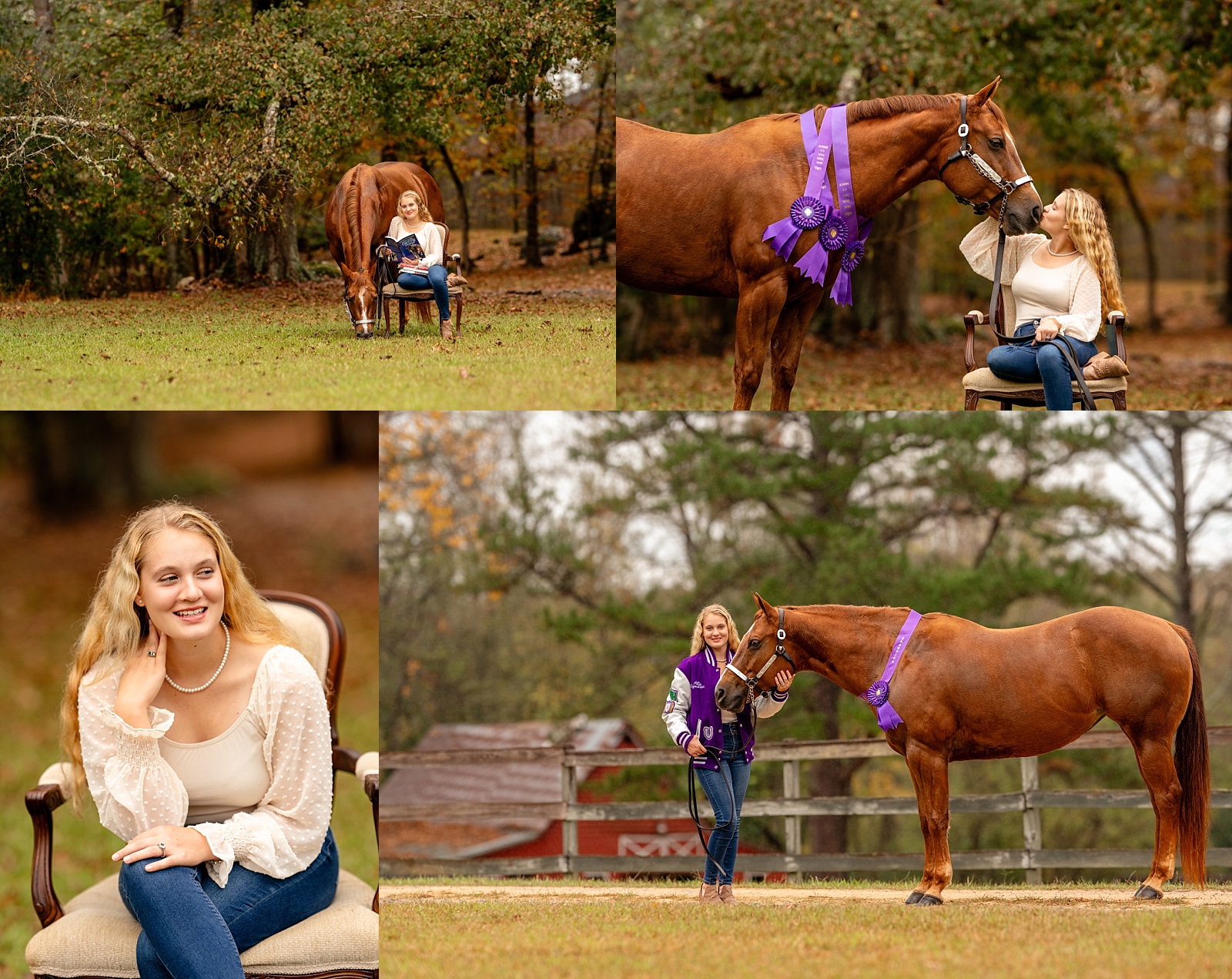 Senior girl holding her favorite horse show ribbons next to her horse, Penny, during a portrait session.