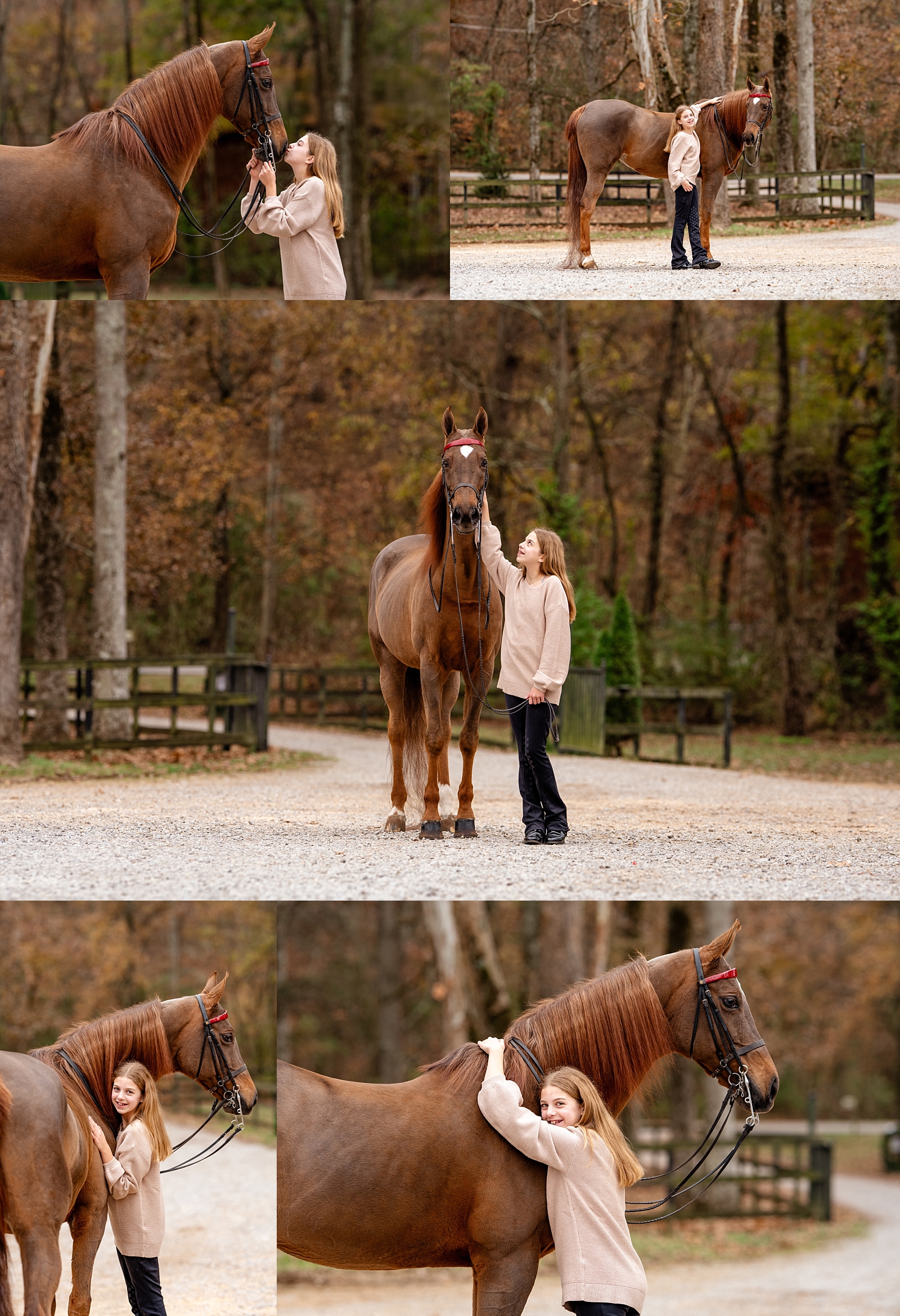 Sweet moment of Madelyn hugging her first horse, Clarice, during a portrait session in Alabama