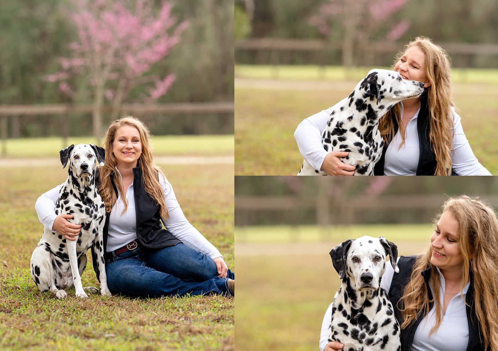 Beth sitting beside her Dalmatian dog during a horse and dog photography session in Ocala, Florida. A candid moment full of love and connection.