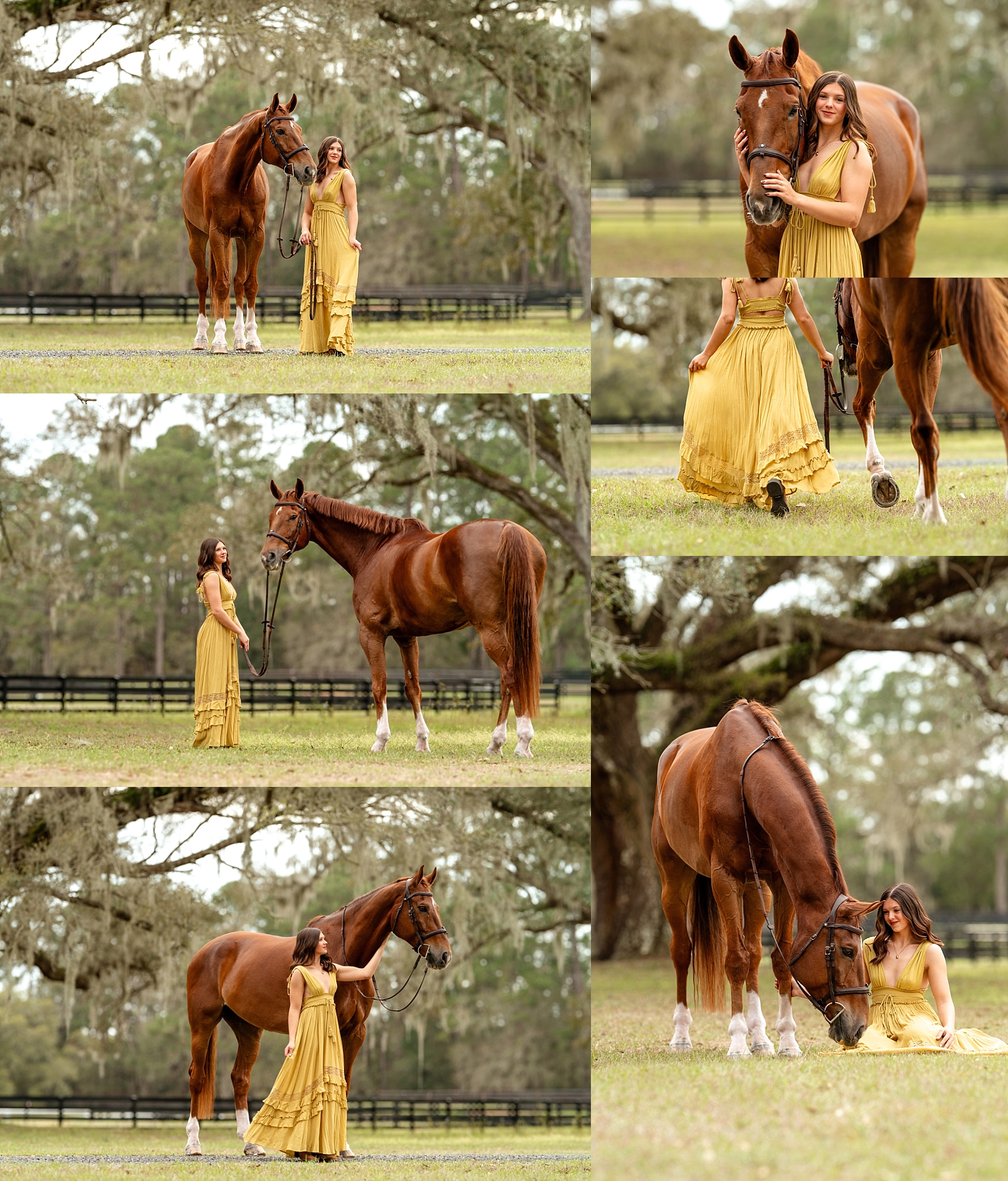 Noelle leads her gelding Kistra through a quiet field during a horse photography session in Ocala, Florida.
