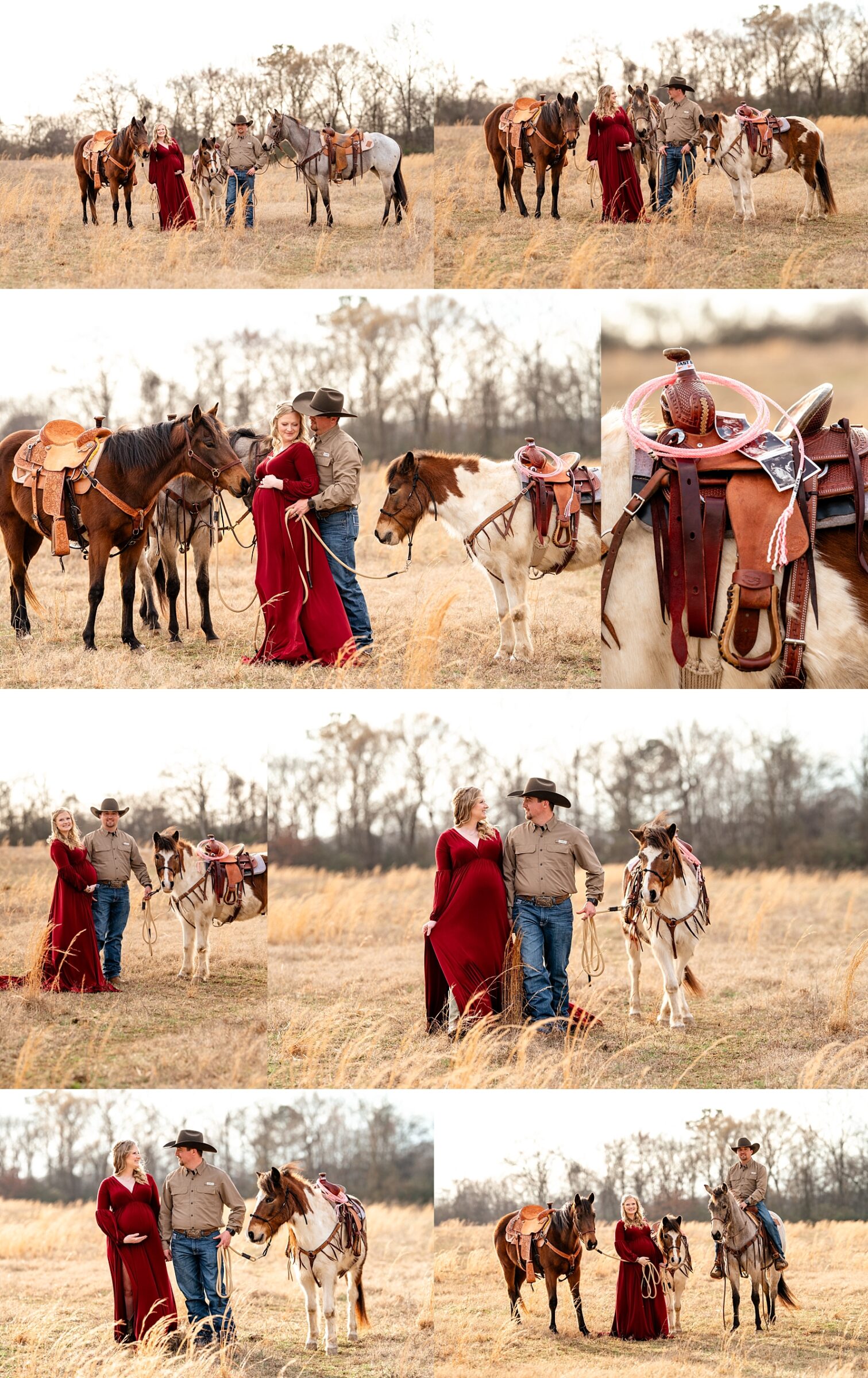 A pony with a children’s saddle included in a maternity photo session, hinting at a horse-loving future for baby Bexley.