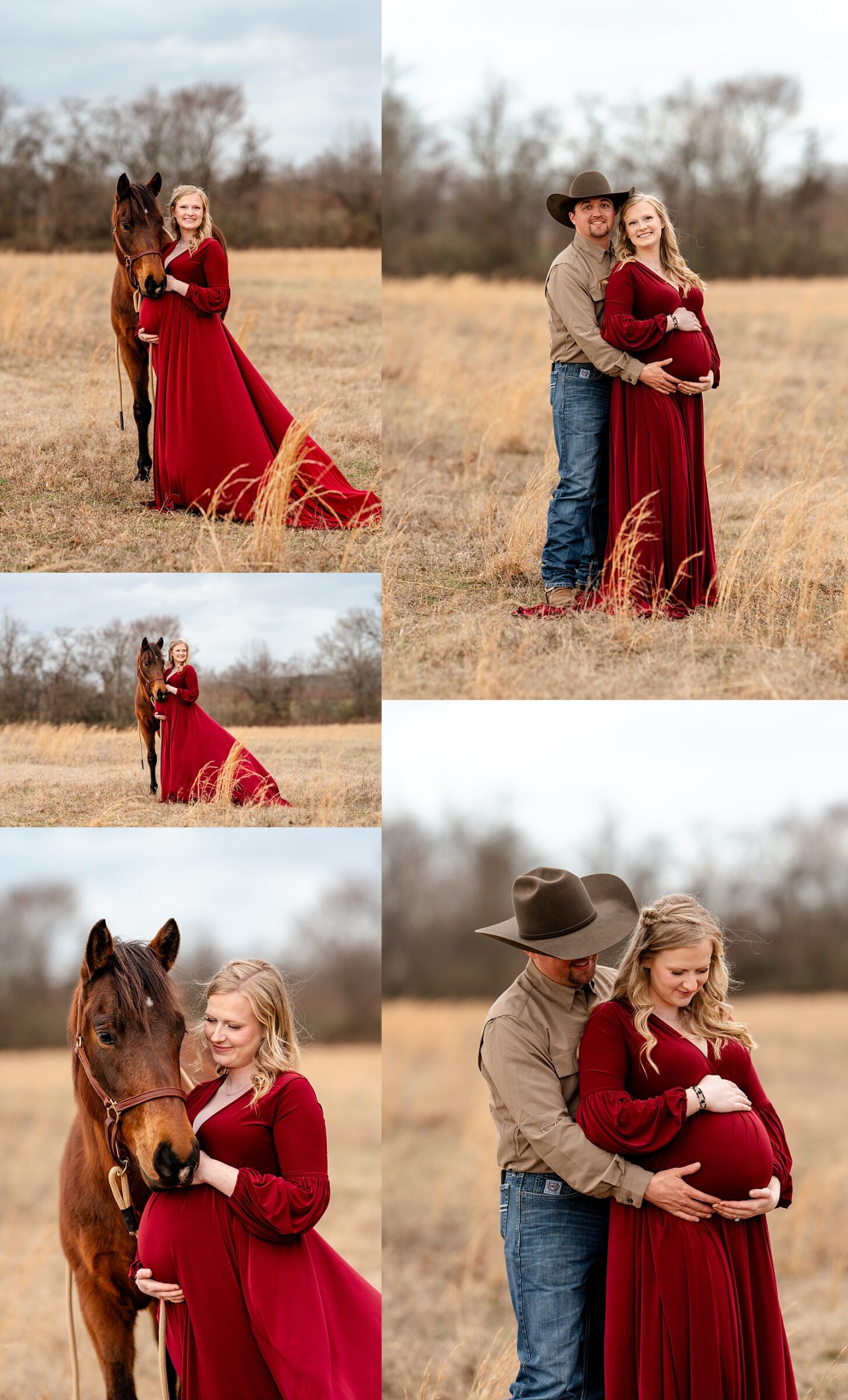Heather and Hanson pose with their horses during a countryside maternity session in Alabama.