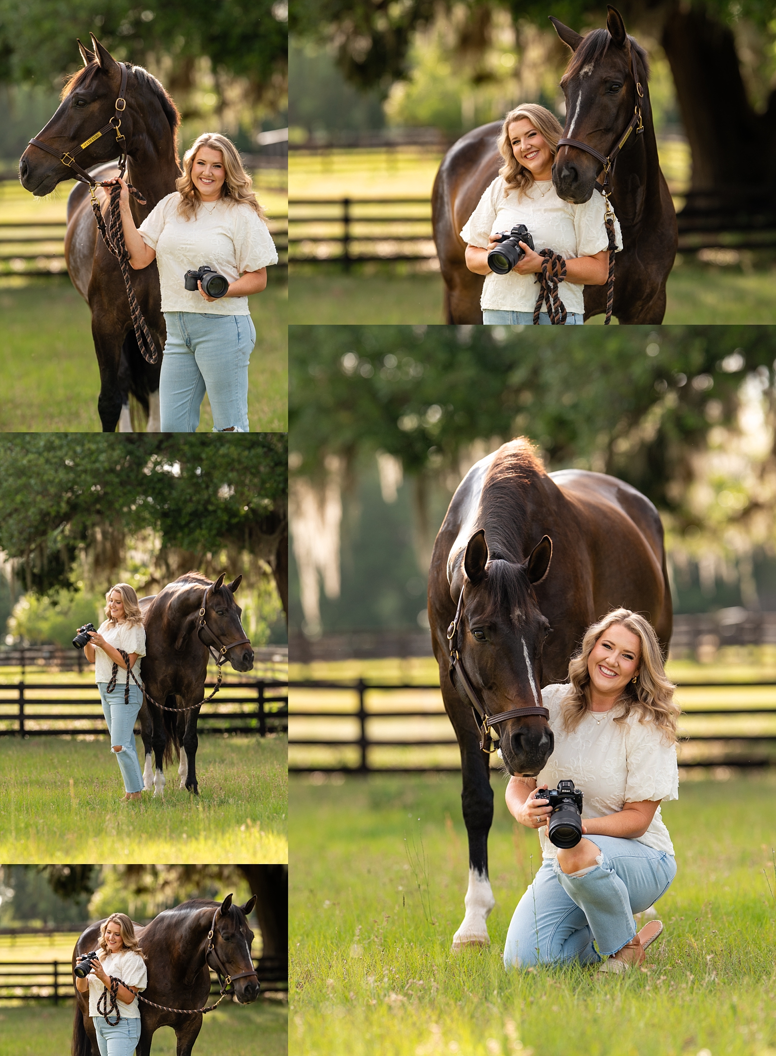 Photographer Caroline poses with her dressage horse, Sento, and her camera during a branding photo session in Ocala, FL.