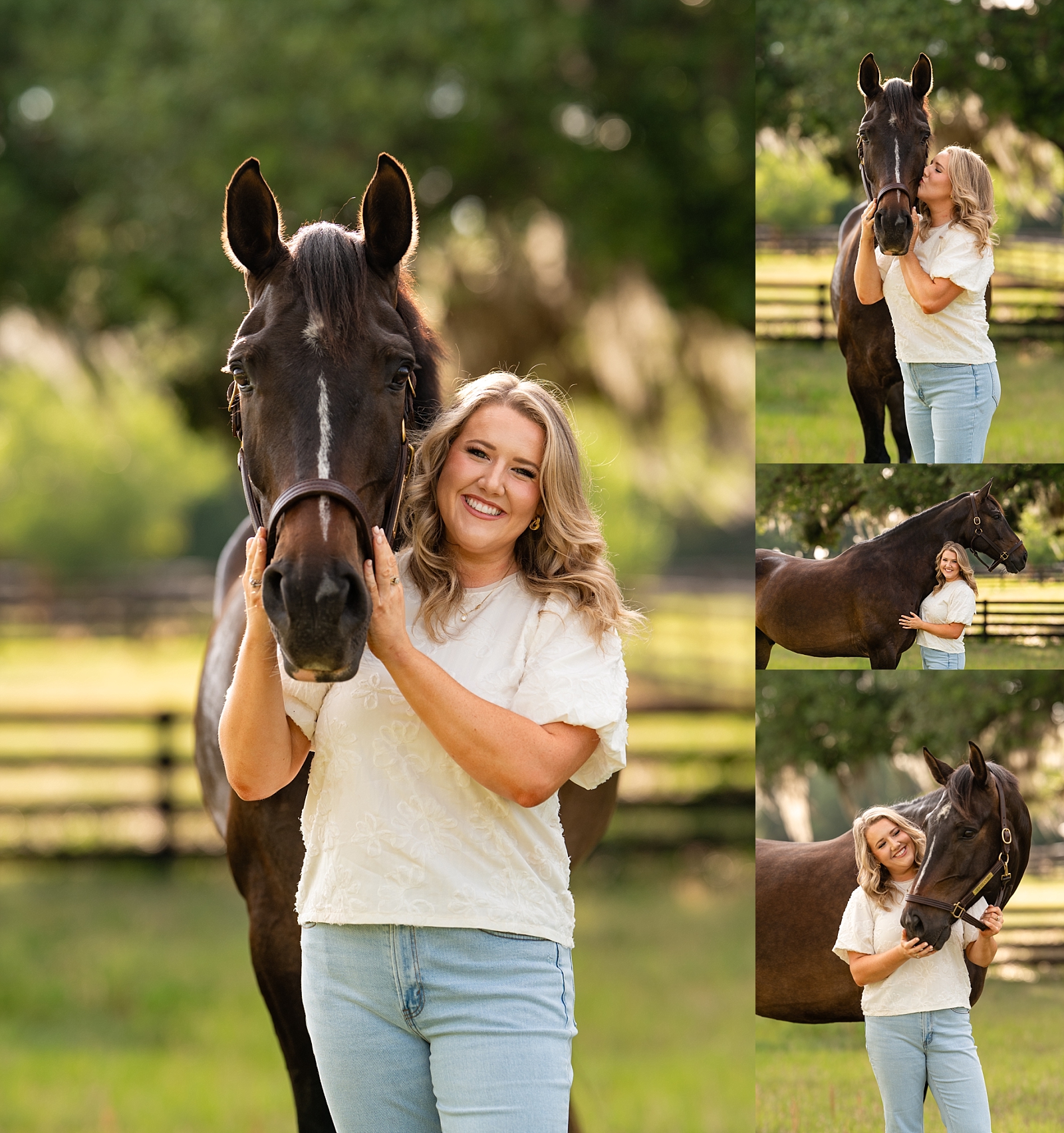 Caroline stands with her dressage gelding, Sento, during a personal equestrian photo session in Ocala, Florida.