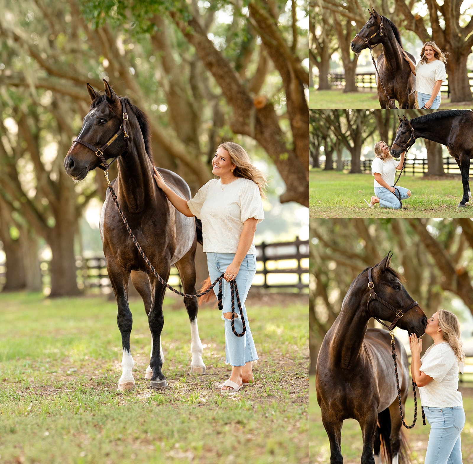 Caroline stands with her dressage gelding, Sento, during a personal equestrian photo session in Ocala, Florida.