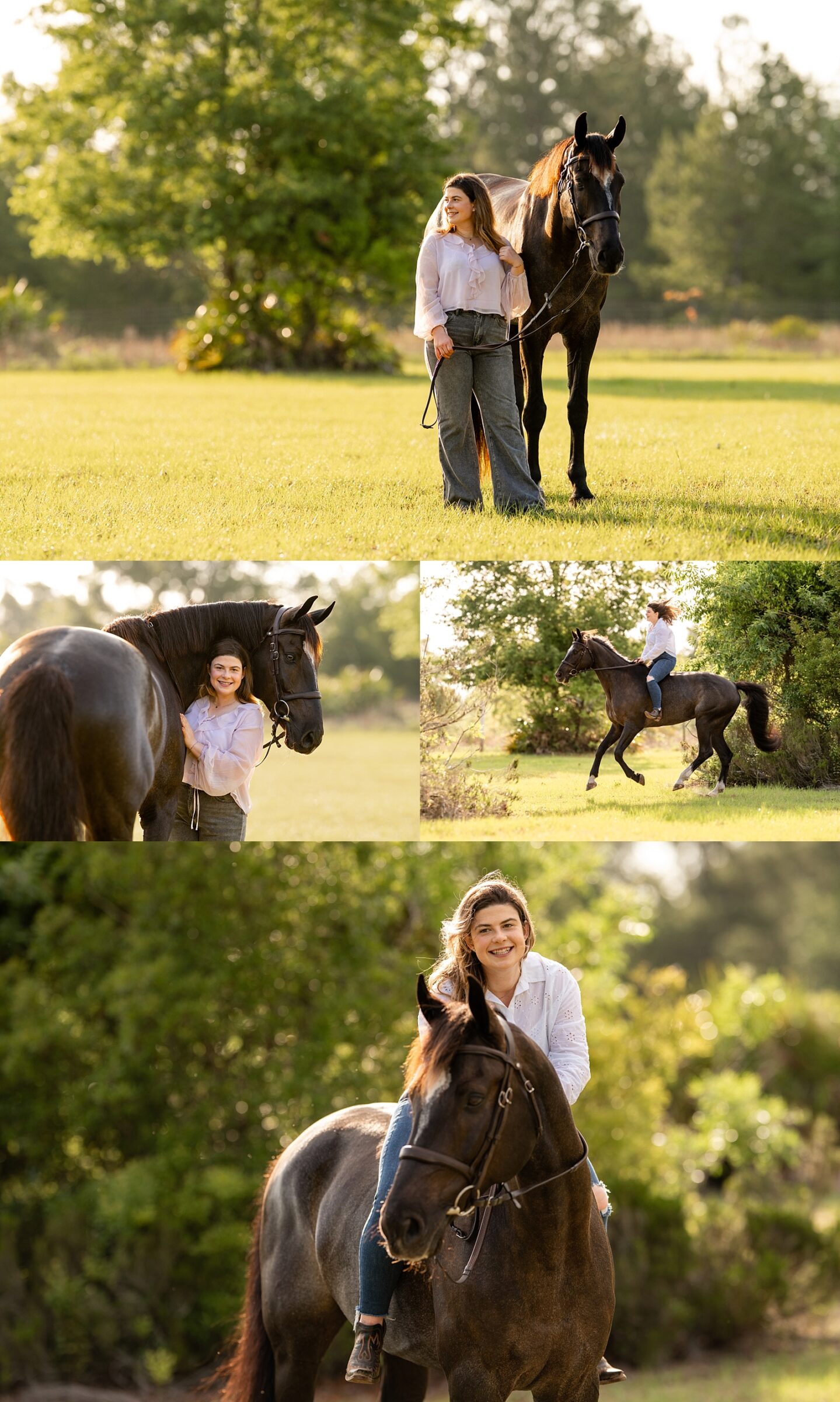 Katie stands with her bay horse Pauly during a horse and rider session at her home barn in Gainesville, FL.