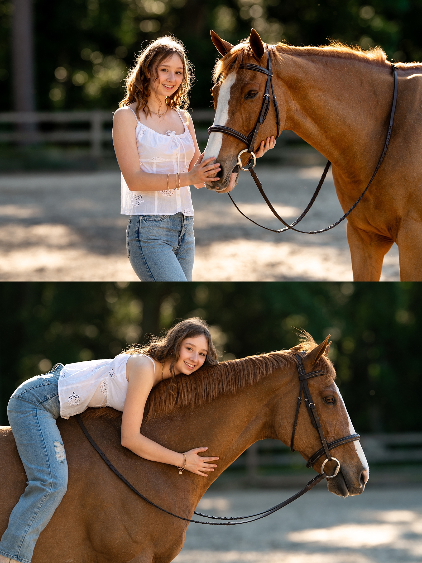 Senior girl Margo stands with her horse Fini at Hands and Hearts for Horses in Thomasville, GA.