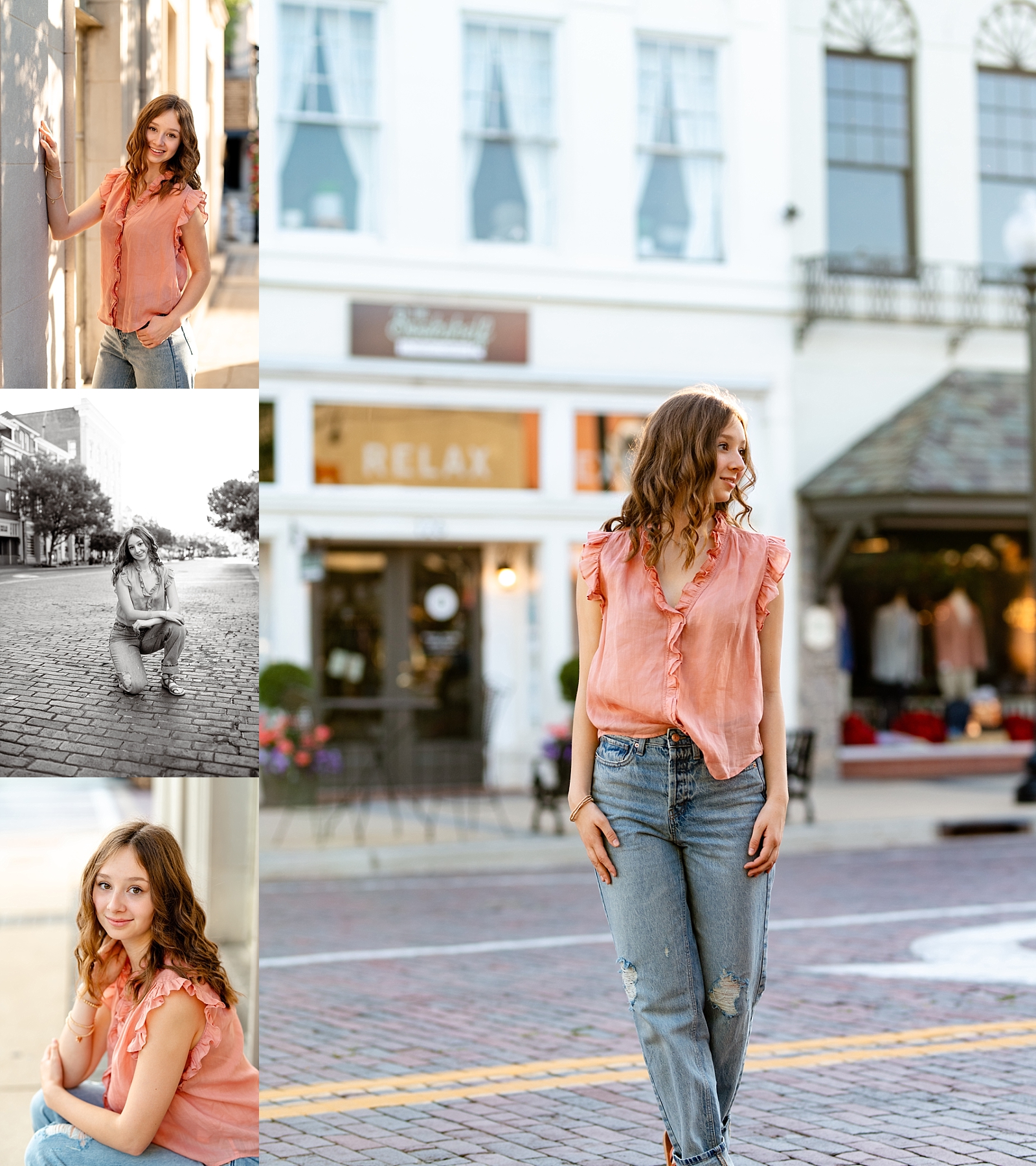 High school senior Margo poses downtown in Thomasville, Georgia during her senior photo session.