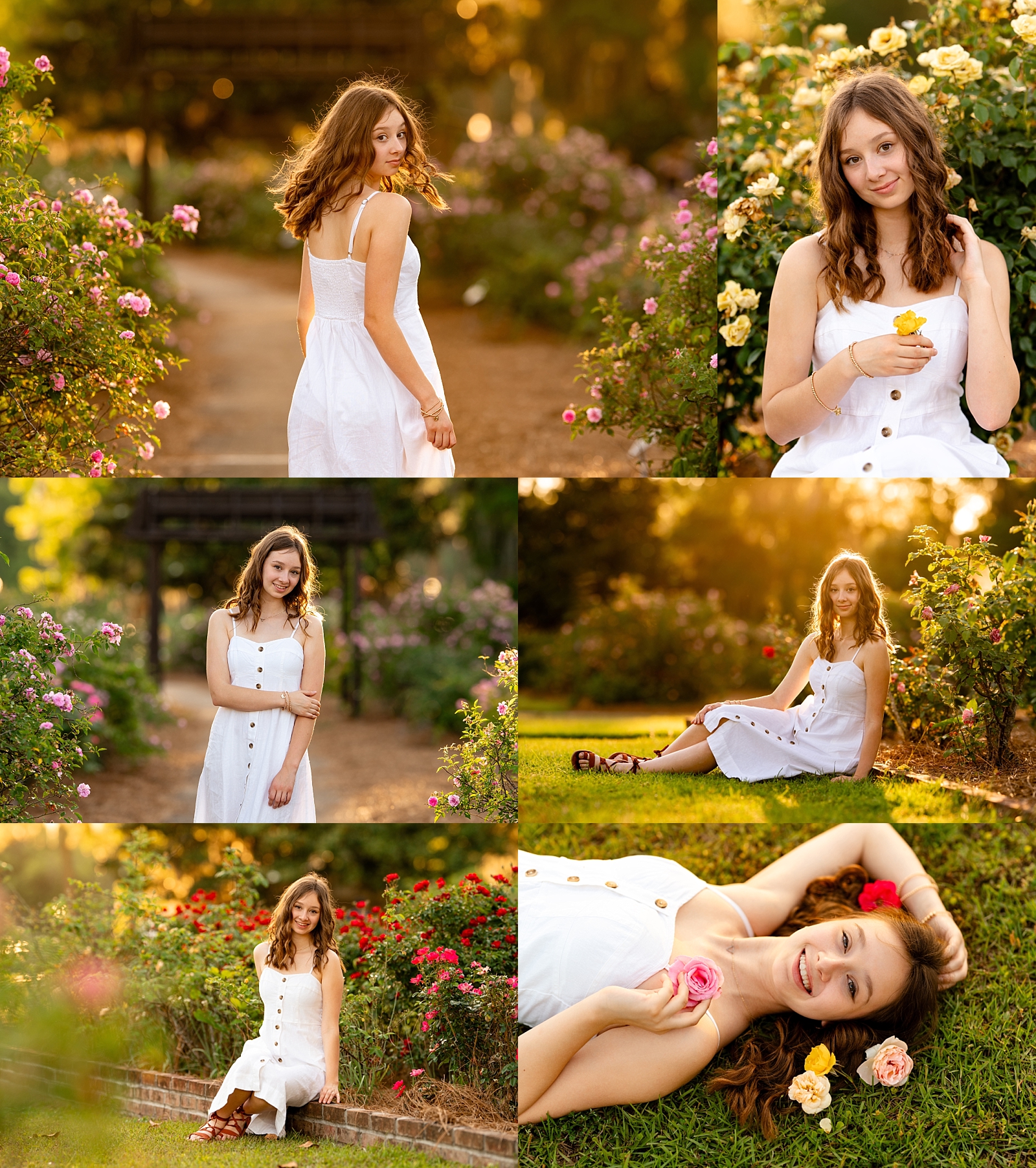 High school senior Margo poses at the rose garden in Thomasville, Georgia during her senior photo session.