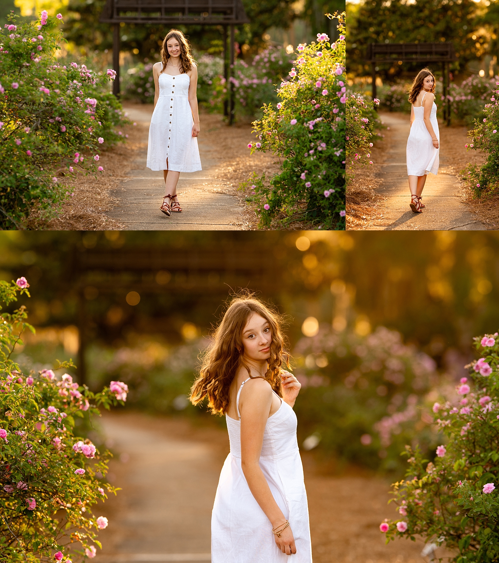 High school senior Margo poses at the rose garden in Thomasville, Georgia during her senior photo session.