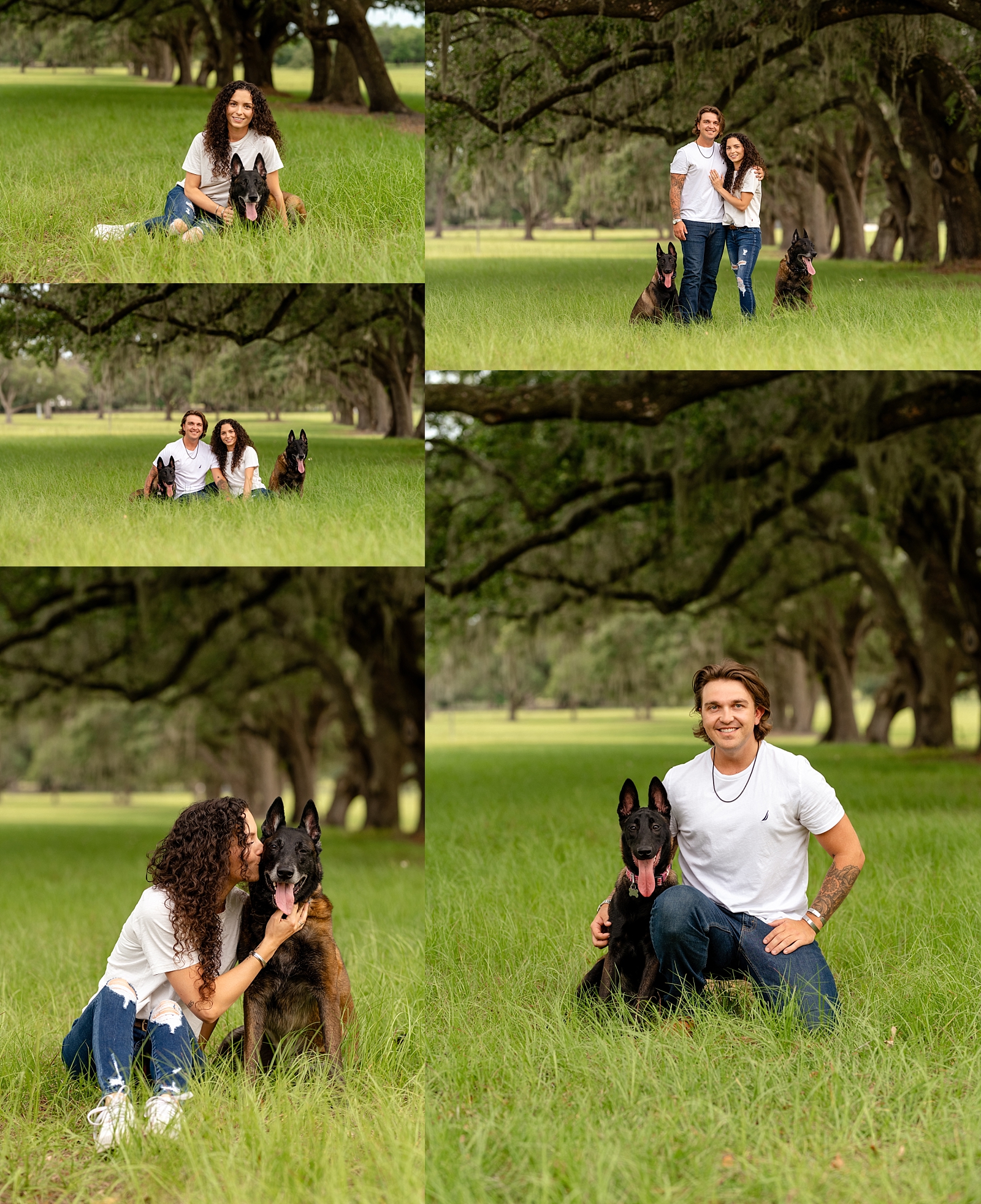 Katherine and Kasey smile with their Malinois dogs, Mia and Soka, after getting engaged during their photo session.