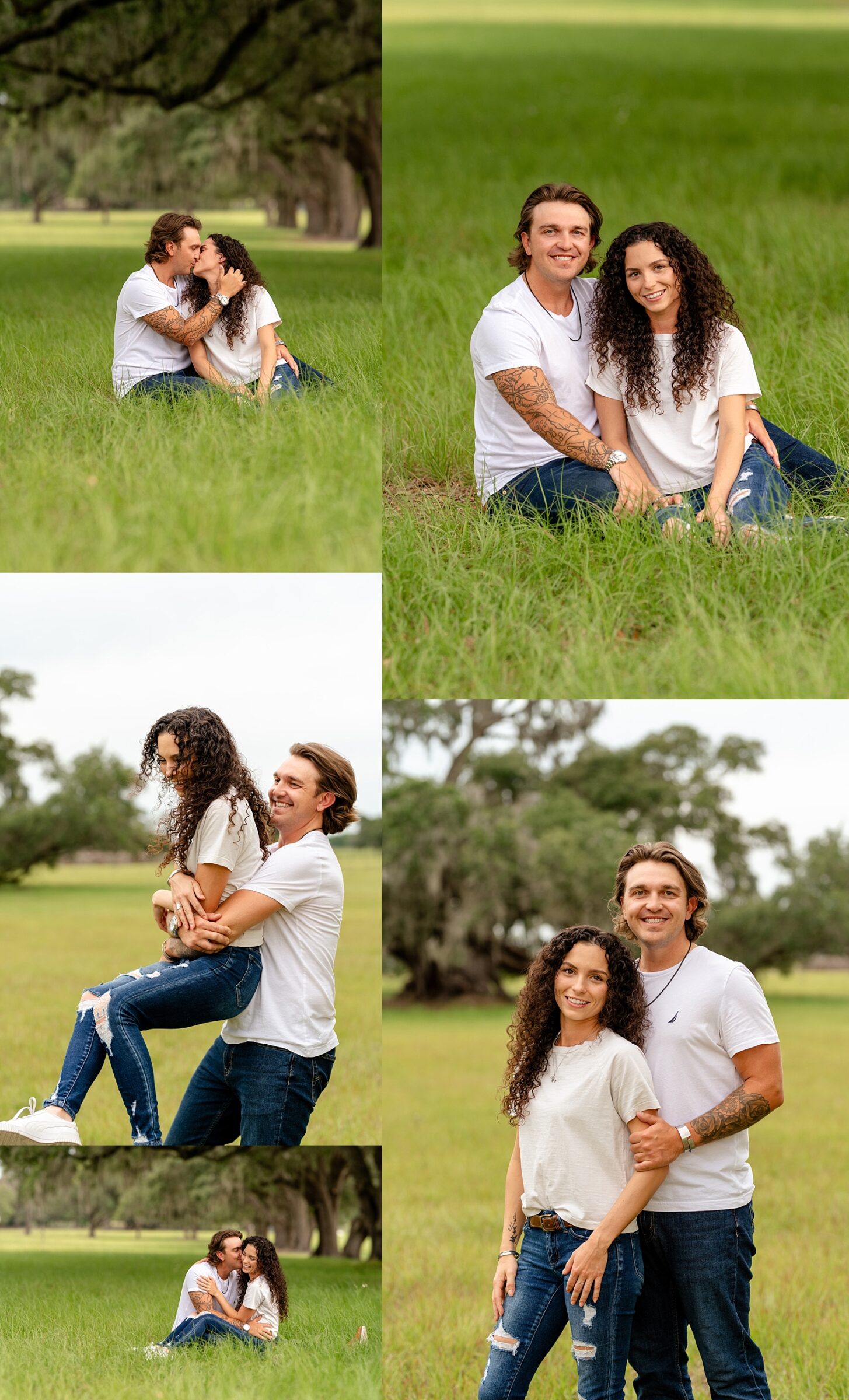 Couples photography with posing ideas for casual clothing in a field.
