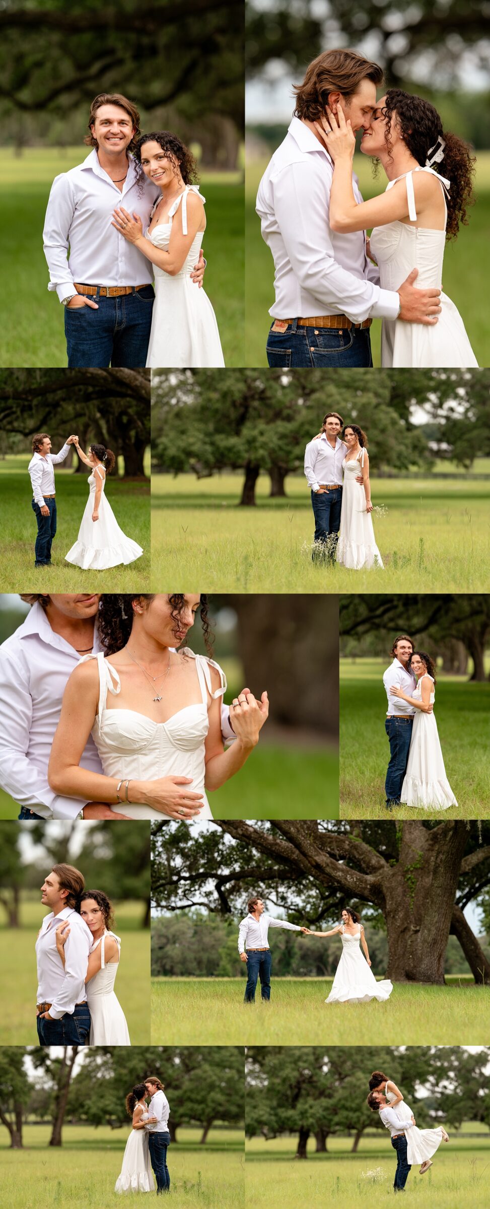 Katherine and Kasey pose for their engagement photos in a long white dress in the middle of a gorgeous Ocala field.