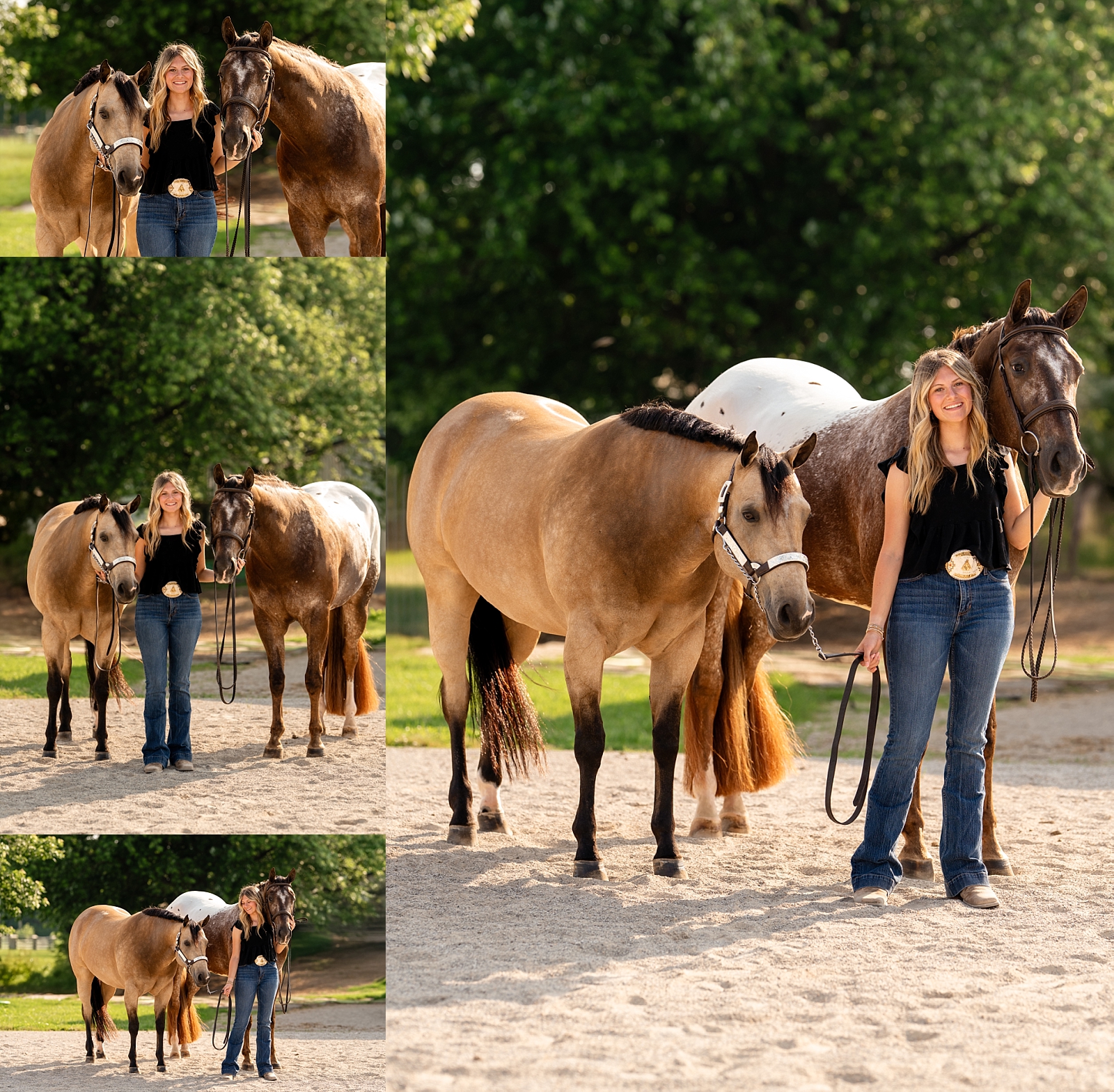 Candid moment of youth rider Vivienne with her two Appaloosas, Ted and Charlotte, during a Franklin, KY session.