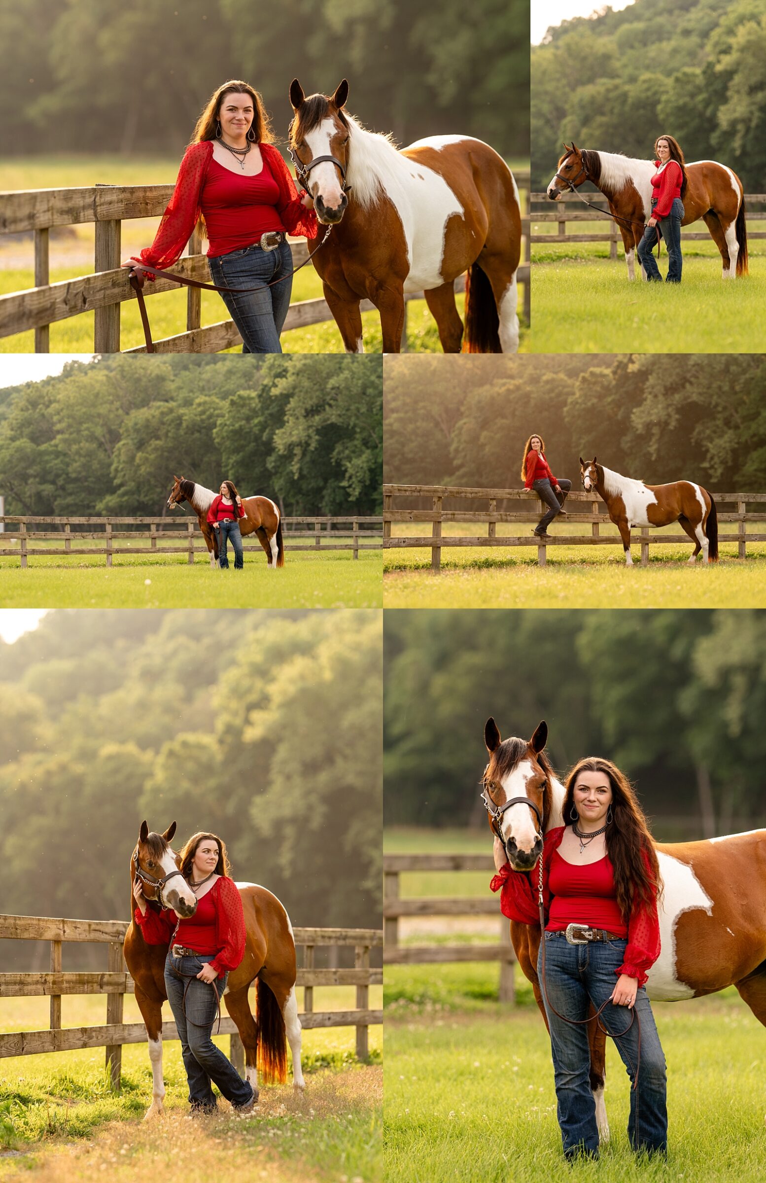 Katie poses with her paint mare Aurora during a golden hour ranch horse session in Woodlawn, Tennessee.