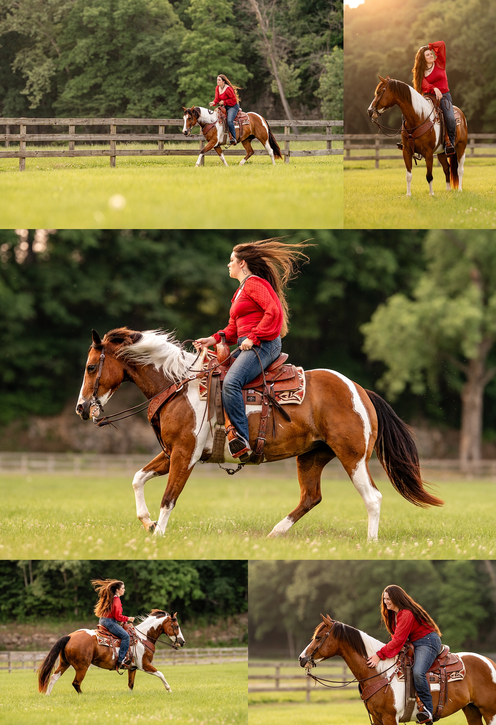 Aurora, a paint mare in western tack, photographed at golden hour in Woodlawn, TN.
