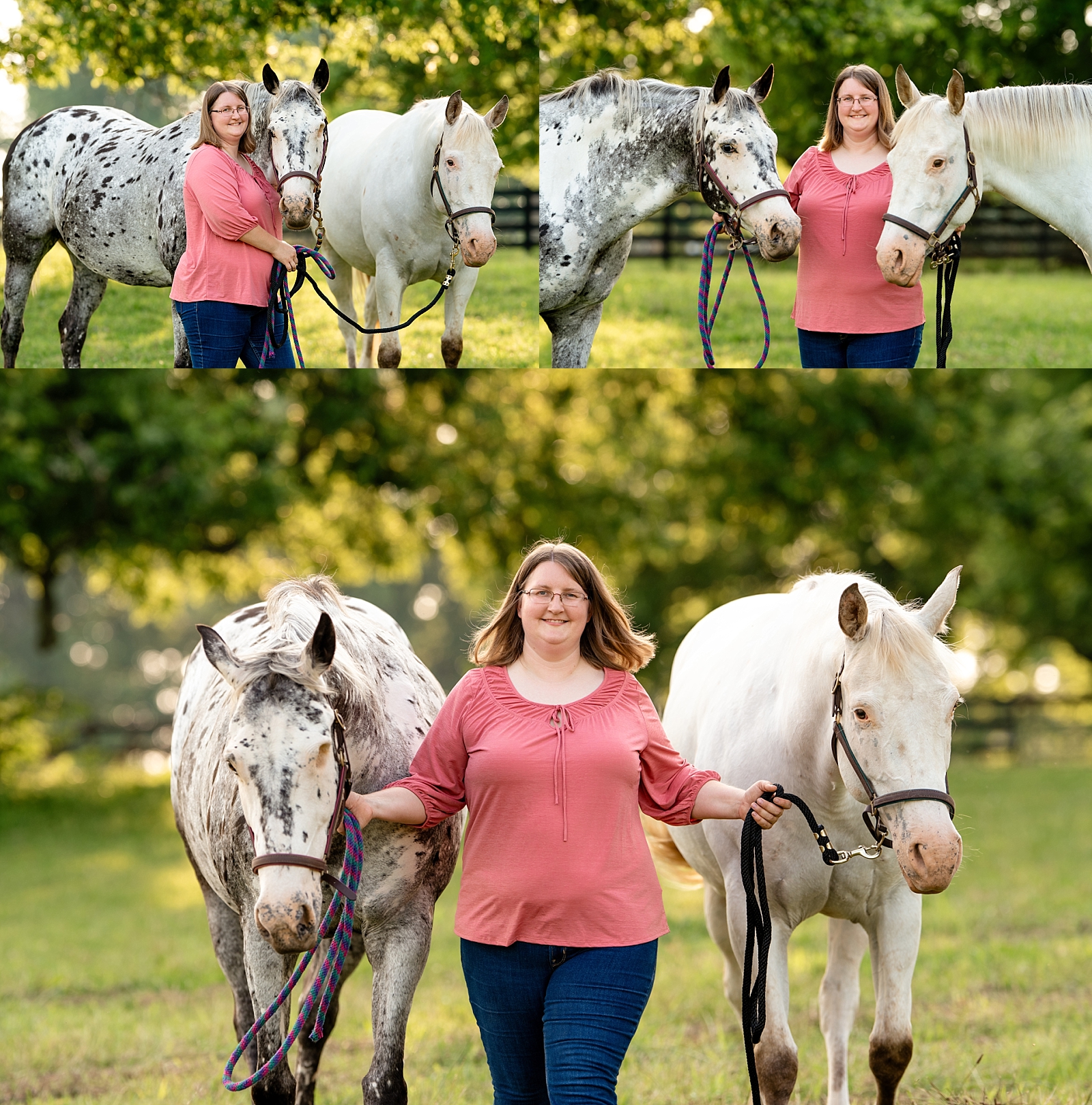 Andrea poses with her two Appaloosa mares, Shiloh and Sierra, during a horse photography session in Columbia, TN.