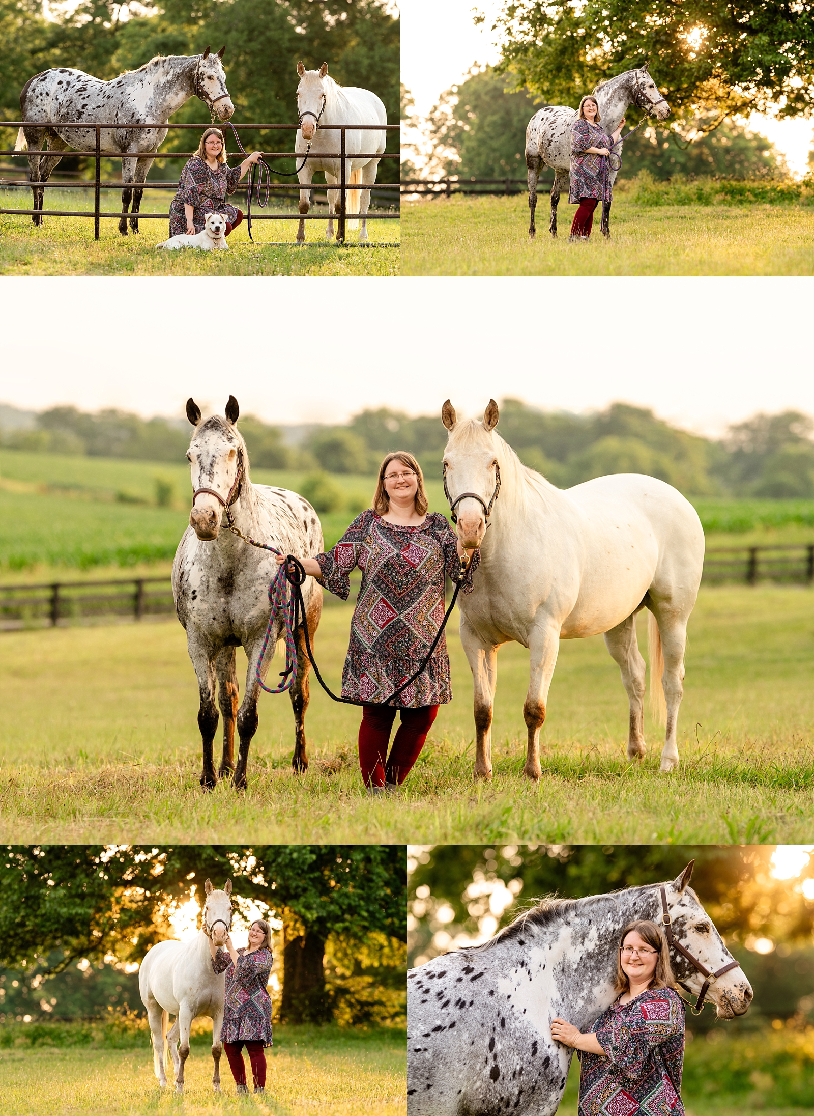 Andrea poses with her two Appaloosa mares, Shiloh and Sierra, during a horse photography session in Columbia, TN.