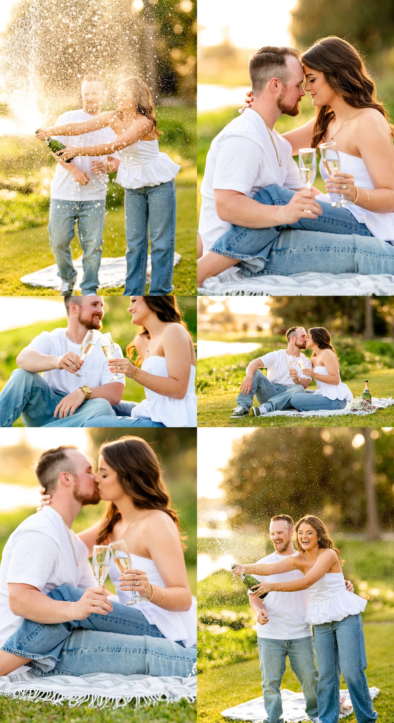 Candid photo of Gracee and Chace laughing together with champagne during their sunset engagement session.