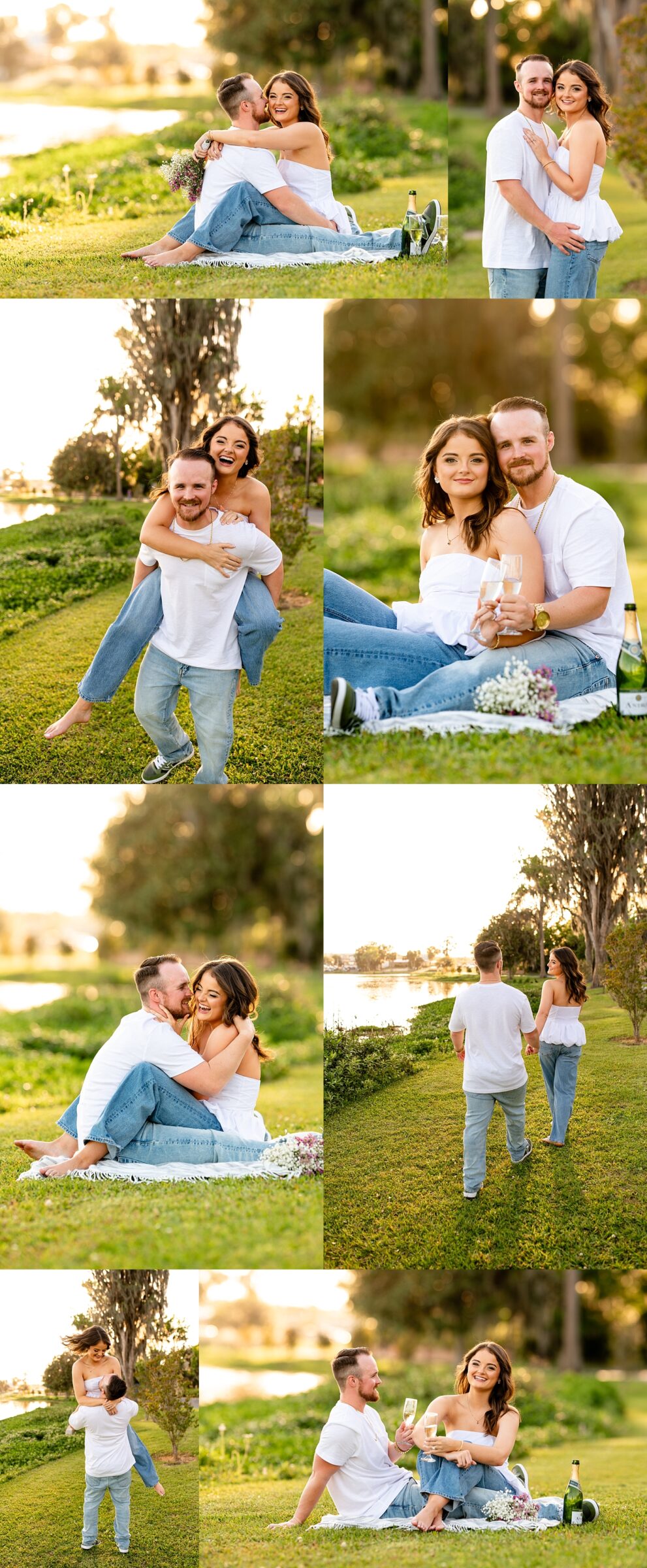 Candid photo of Gracee and Chace laughing together with champagne during their sunset engagement session.
