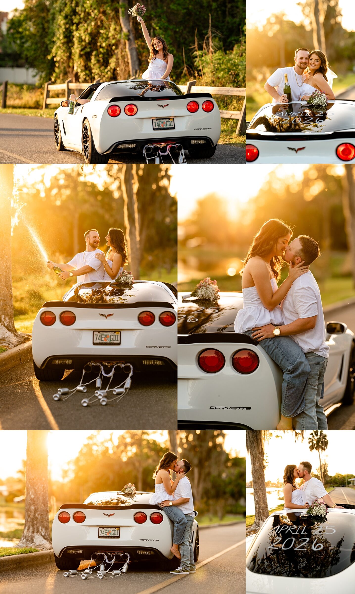 Engagement session detail shot of a red Corvette with cans tied to the muffler and wedding date written on the back windshield.
