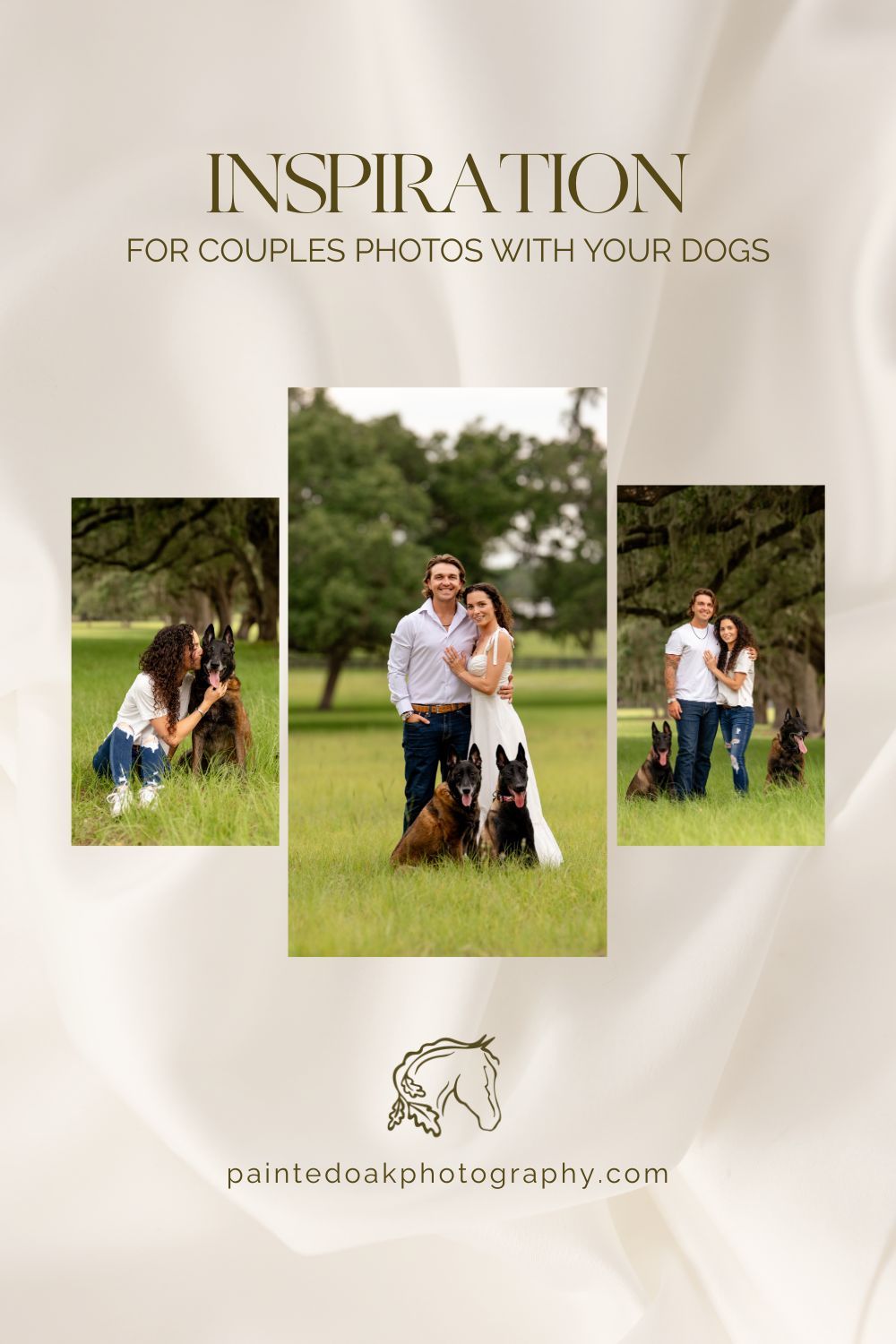 Engaged couple posing with their two dogs during a natural light engagement photoshoot, showcasing fun dog-friendly photo ideas.