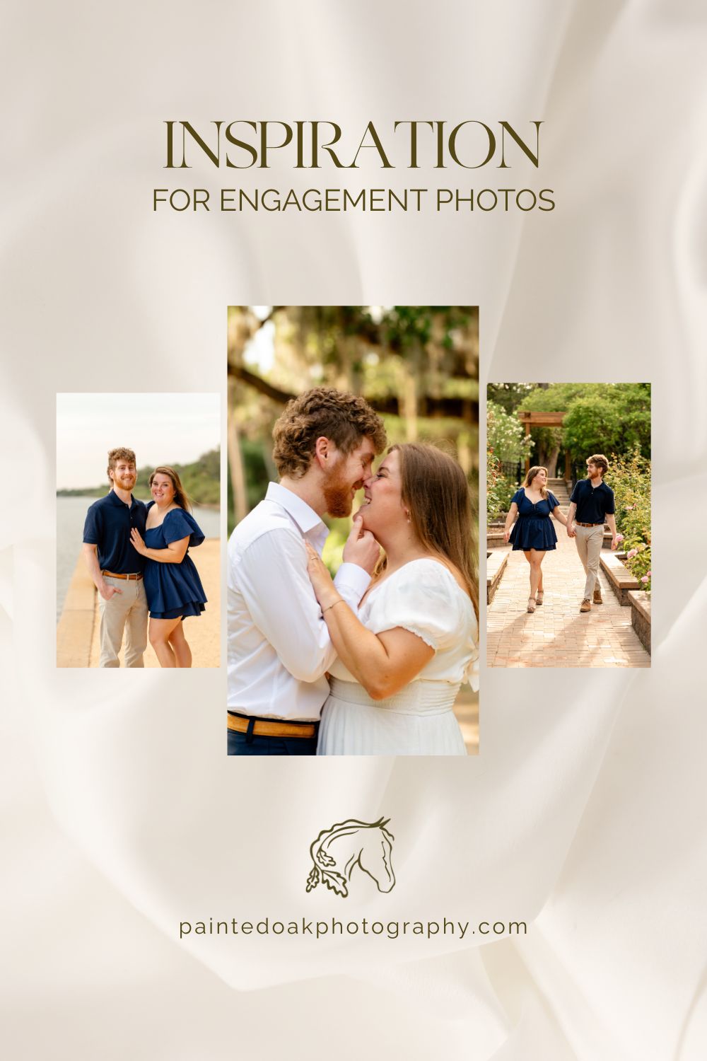 Engaged couple posing in front of oak trees at Washington Oaks State Park during a romantic engagement photoshoot.