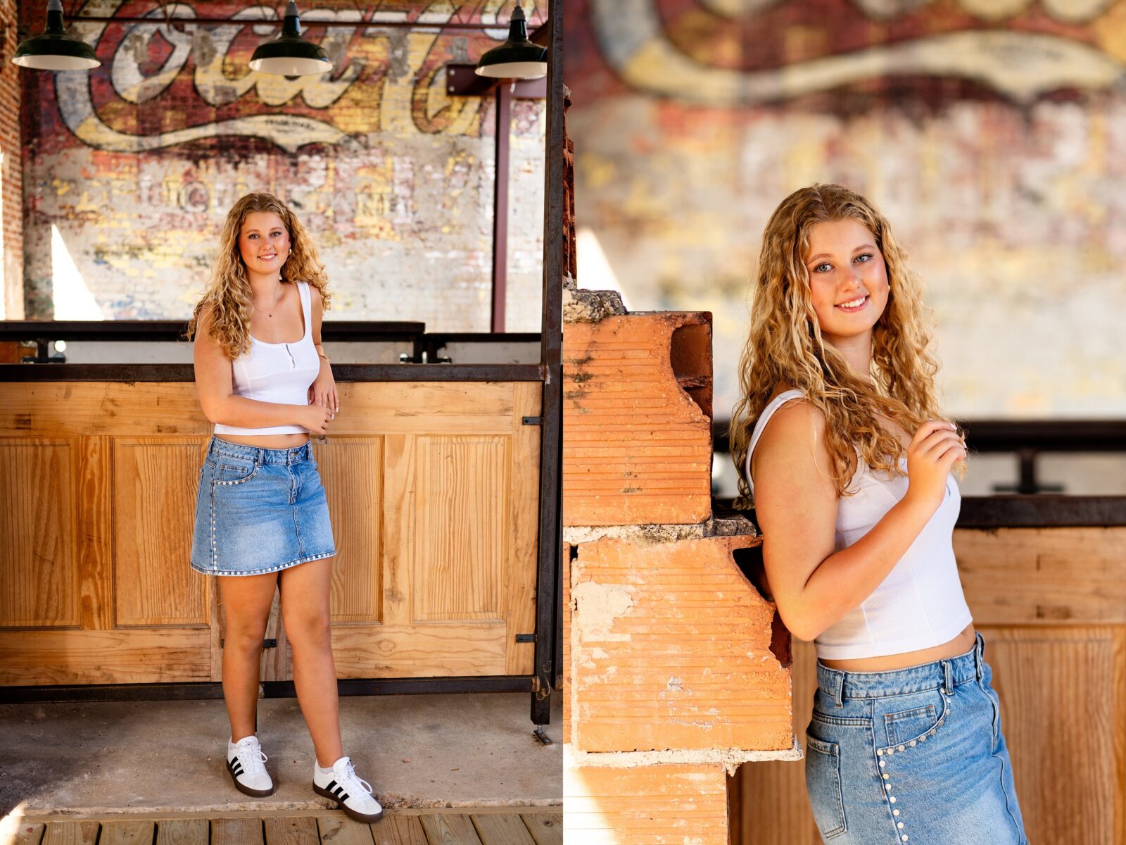 High school senior walking through downtown Thomasville, Georgia during a creative senior photography session.